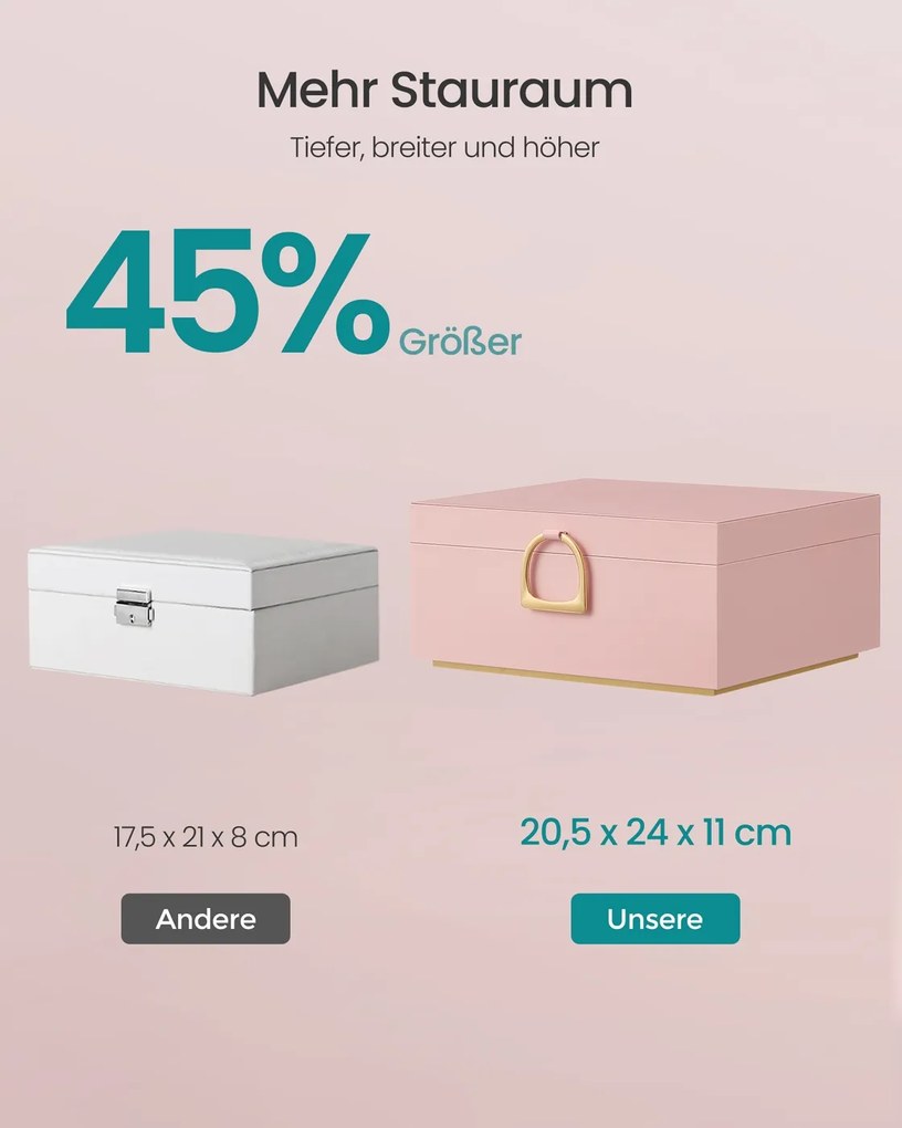 Caixa para joias 20,5 x 24 x 11 cm com pega e tabuleiro flexível rosa pastel