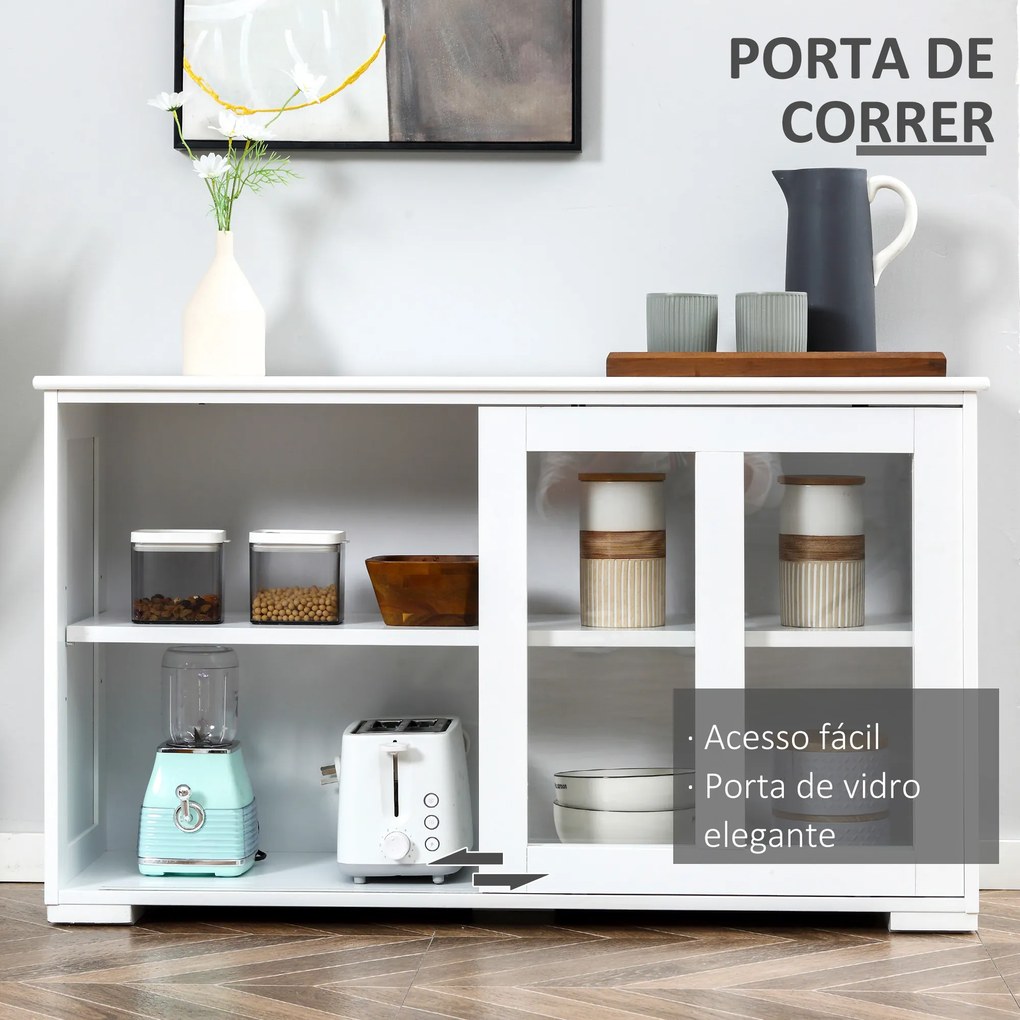 Aparador de Cozinha Moderno Móvel Auxiliar com 2 Portas de Correr de Vidro e Prateleira Ajustável 107x33x62,5 cm Branco