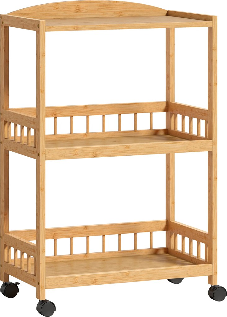 HOMCOM Carrinho de Cozinha com 3 Níveis, Carrinho de Servir com Espaço de Armazenamento, Estante de Cozinha com Rodas, para Cozinha Banheiro Escritório Madeira Natural | Aosom Portugal