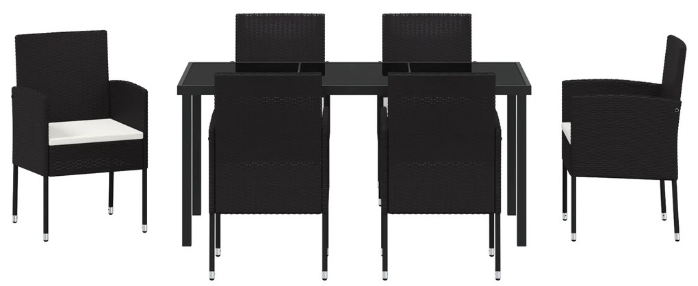 Conjunto de Jantar de Jardim 7 Peças com Almofadas Preto Rattan Poliés
