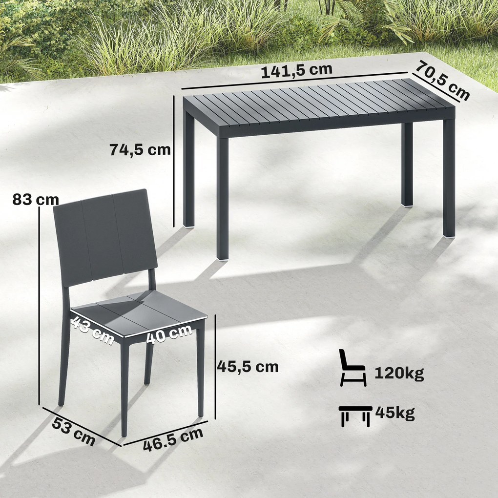 Conjunto de Mesa e Cadeiras de Jardim com Mesa de Ripas e 4 Cadeiras Empilháveis para Terraço ou Pátio Cinza