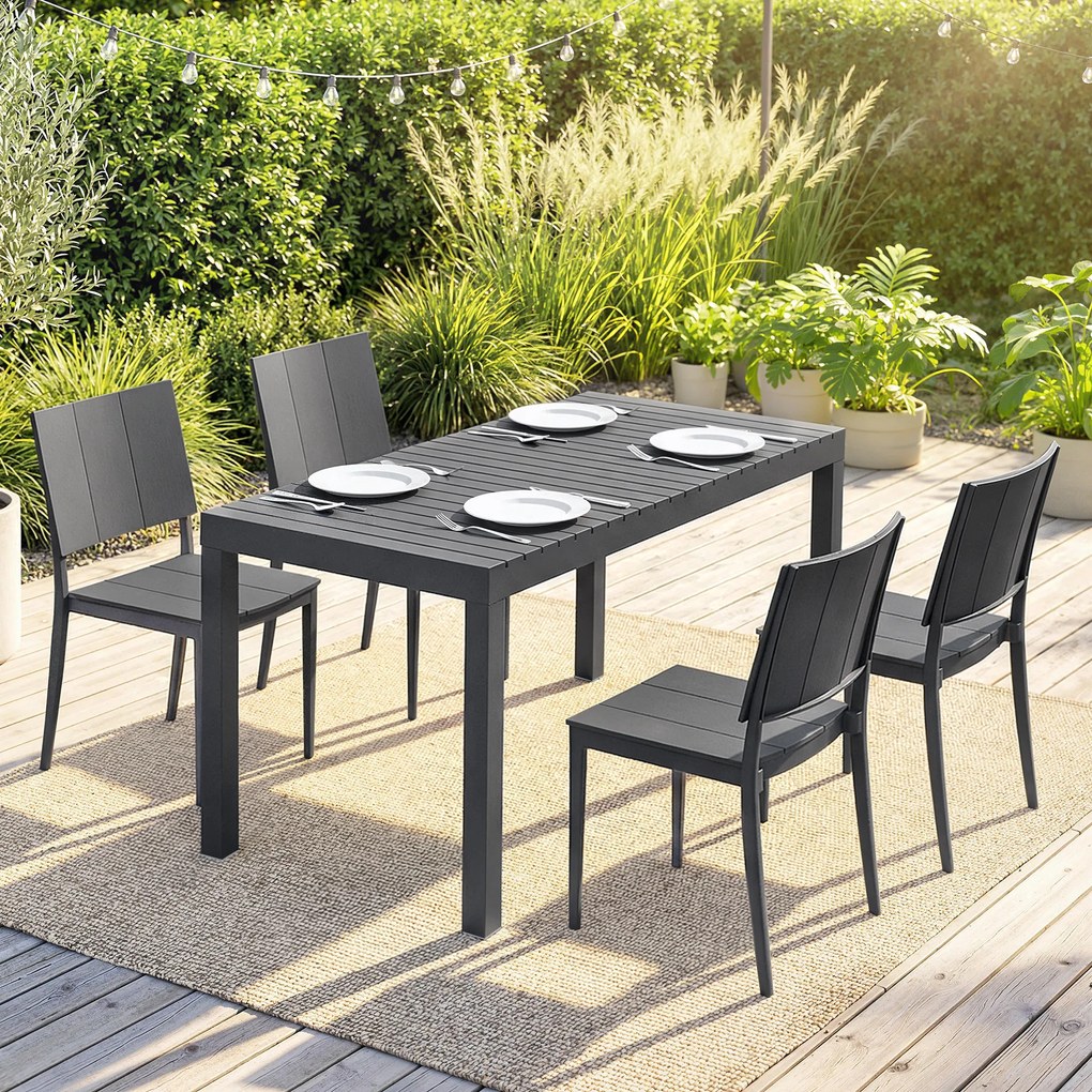 Conjunto de Mesa e Cadeiras de Jardim com Mesa de Ripas e 4 Cadeiras Empilháveis para Terraço ou Pátio Cinza