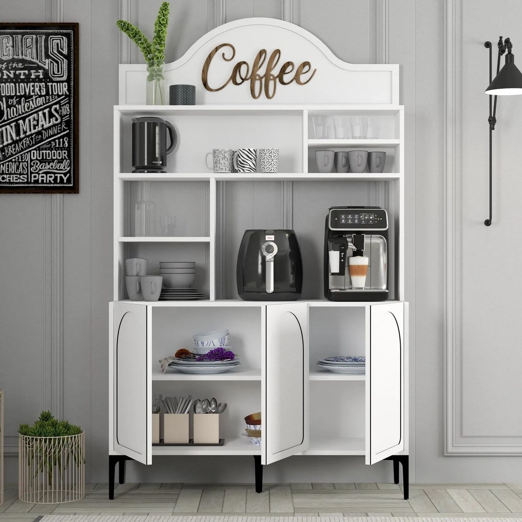 Armário Alto de Cozinha "Coffee" - 200x120x35 cm - Branco e Preto - De