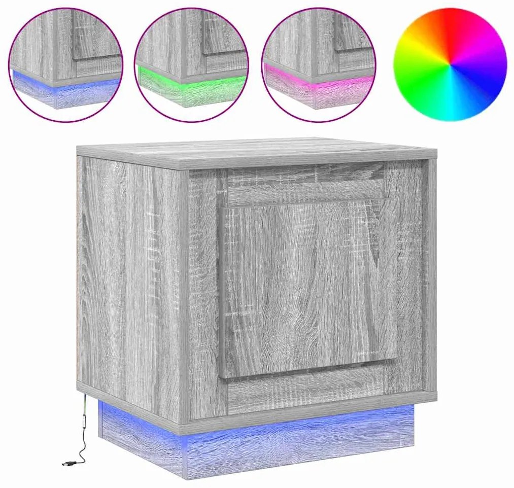 Mesa de cabeceira com luzes LED Cinza Sonoma 44x34,5x45 cm