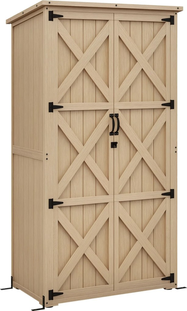 Armário de jardim com abrigo para ferramentas 90 x 54,5 x 161/168,5 cm, 2 prateleiras, telhado impermeável com membrana bituminosa, madeira de pinho t