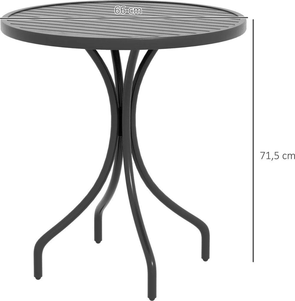 Mesa de jardim redonda Ø66 cm, mesa de exterior em aço galvanizado com tampo de ripas para terraço ou varanda, preta