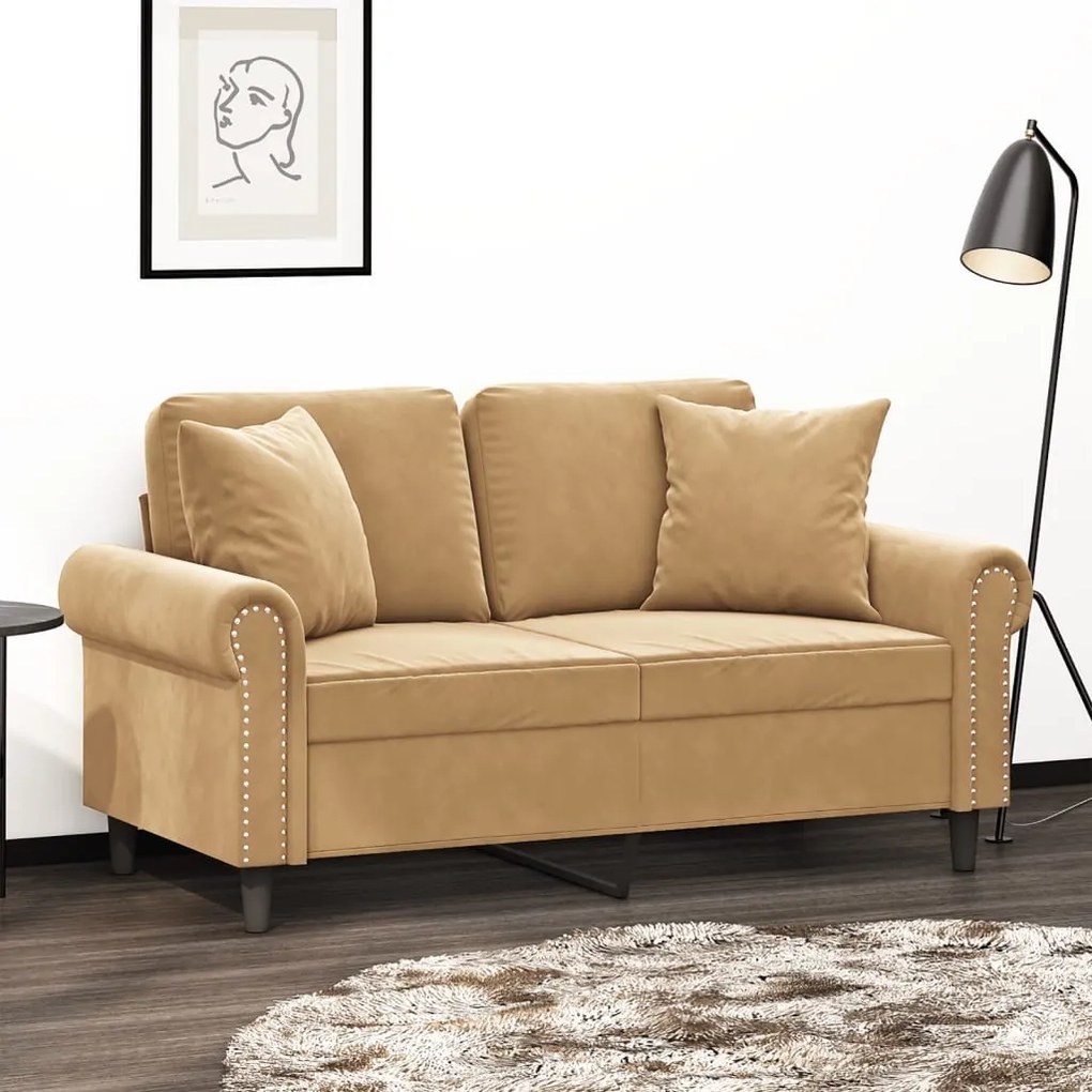 Sofá 2 lugares c/ almofadas decorativas 120 cm veludo castanho