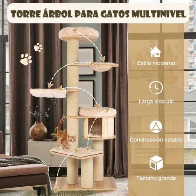 Arranhador para gatos Altura 191 cm Centro de atividades para gatos com poleiro espaçoso Rede postes para arranhar e tapetes laváveis Bege
