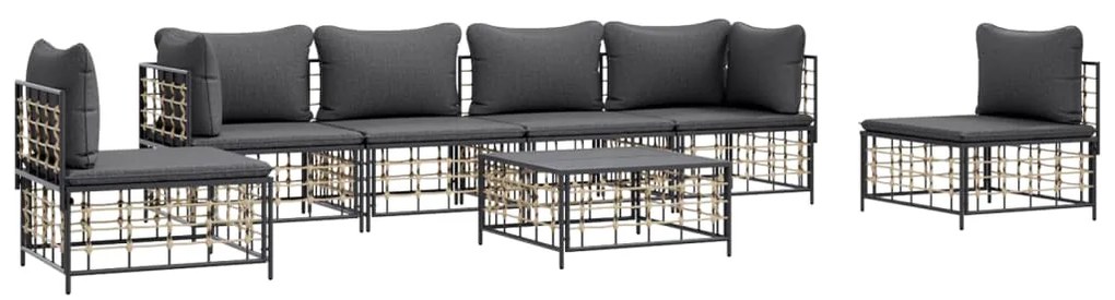 7 pcs conjunto lounge de jardim c/ almofadões vime PE antracite