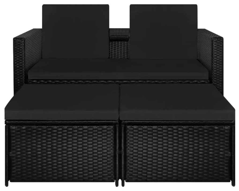3 pcs conjunto lounge para jardim c/ almofadões vime PE preto