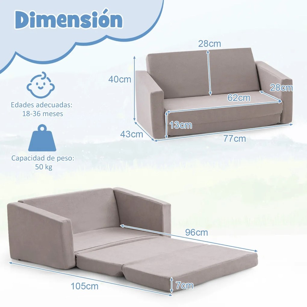 Cadeira infantil conversível 2 em 1 com camada sólida e lavável Sofá-cama duplo para crianças para quarto 77 x 43 x 40 cm Cinzento