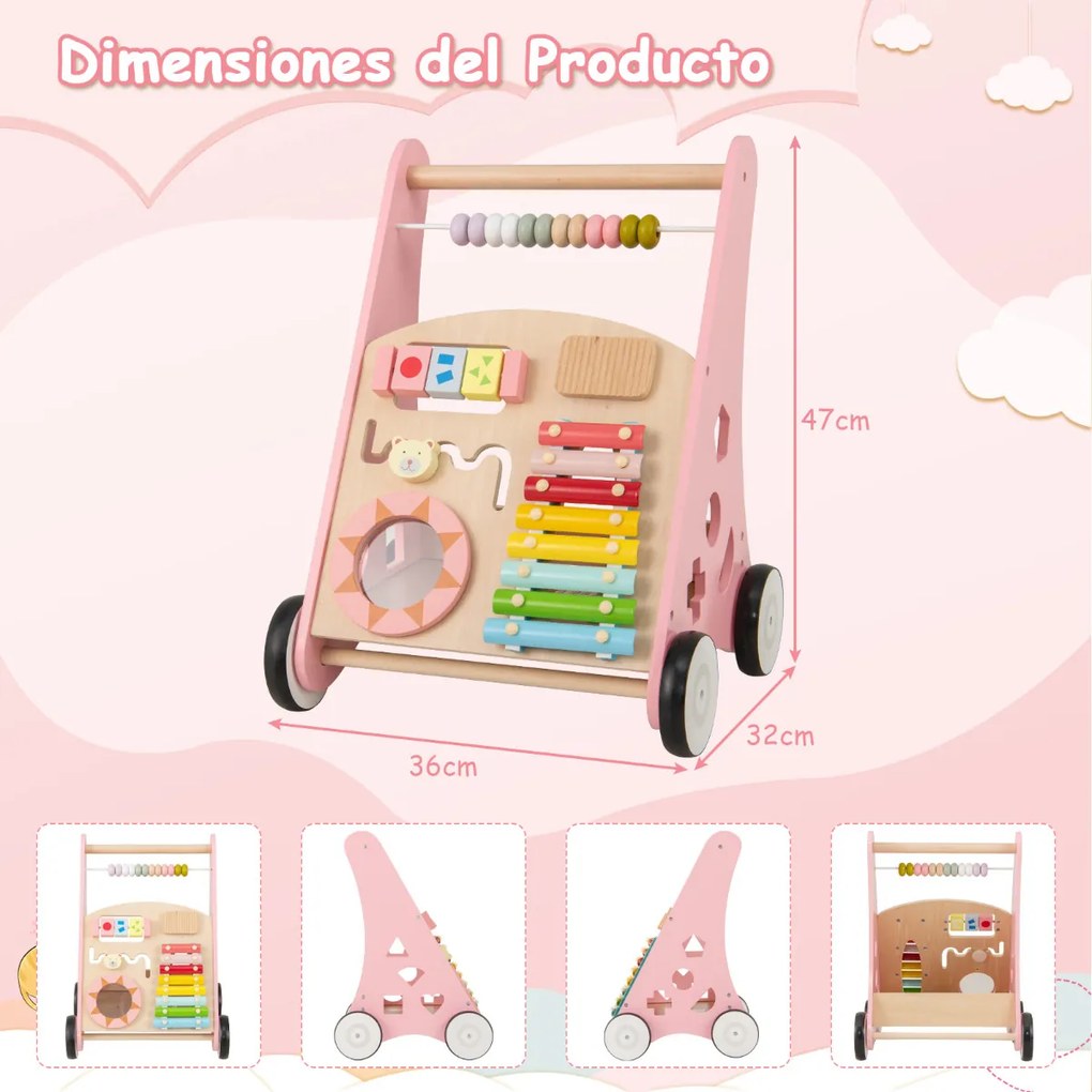 Andarilho de Bebé em Madeira Brinquedo Educativo de Atividade em Madeira com Rodas de Borracha Aprender a Andar para Bebés Rosa