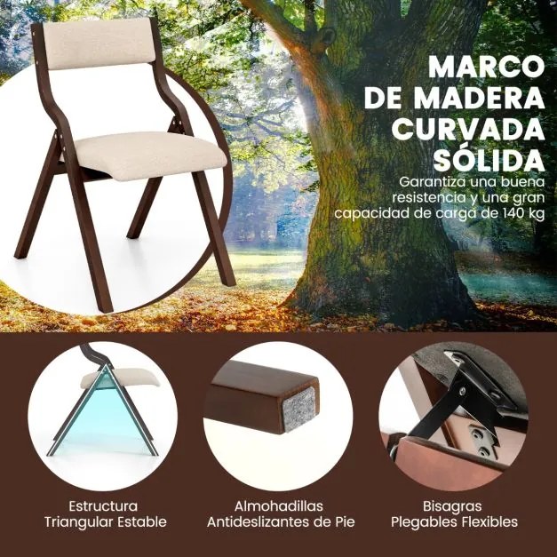 Conjunto de 2 cadeiras dobráveis (MESA NÃO INCLUIDA) de madeira com assento acolchoado em tecido de linho, sem braços, para convidados, 48 x 60 x 78 c
