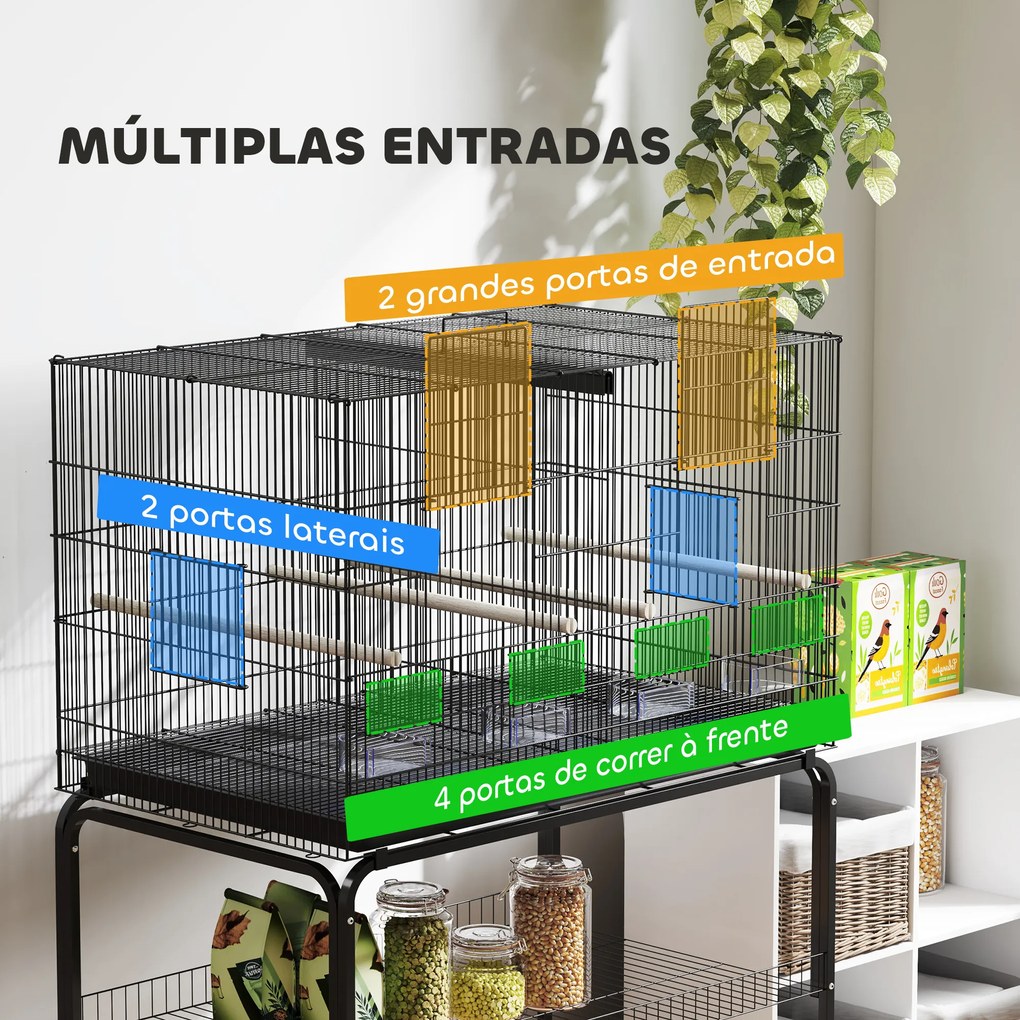 Gaiola para Pássaros com Divisória Rodas Gaiola para Aves com Comedouros Poleiros e Bandeja Removível 94x57x128 cm Preto