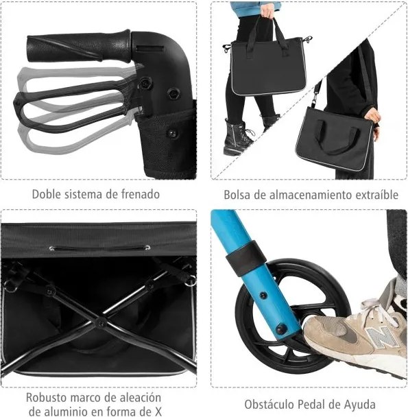 Andador idosos de alumínio dobrável leve ajustável com bolsa de armazenamento para idosos e adultos 74 x 54 x 82-95 cm Azul