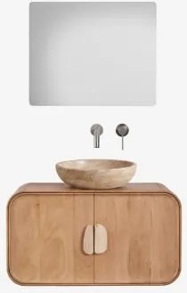 Conjunto De Móvel De Casa De Banho Suspenso 95x45 Cm Em Madeira De Manga E Pedra Natural Kivalina Travertino - Madeira De Mangueira & - Sklum