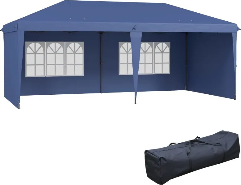 Tenda Dobrável 6x3 m Pop-up com 4 Laterais Desmontáveis Tenda de Jardim com 2 Janelas Visíveis Saco de Transporte Azul