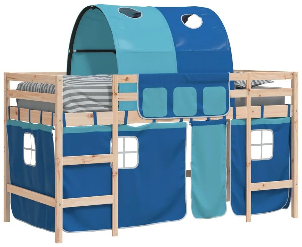 Cama alta para criança com túnel 80x200 cm pinho maciço azul