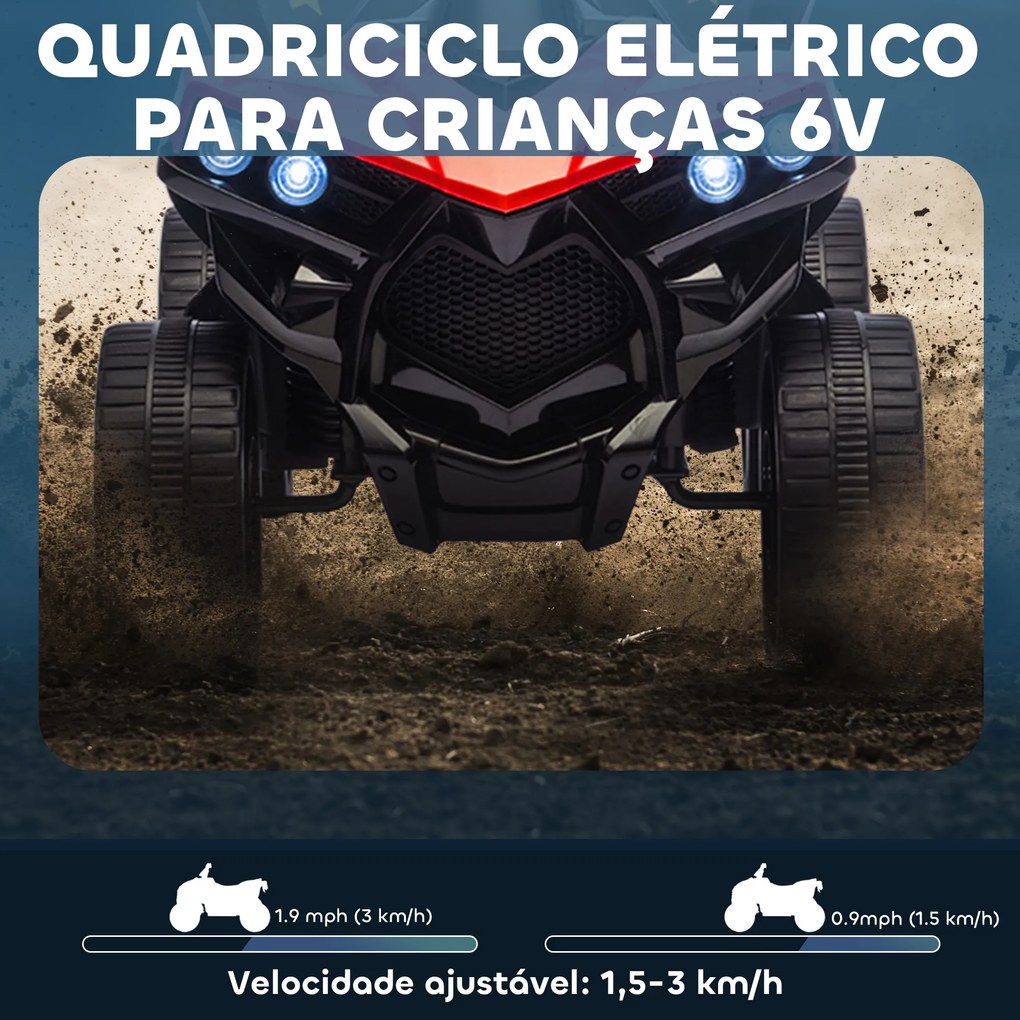 Mota 4 elétrica para Crianças 6 V Quadriciclo para Crianças com Velocidade até 3 km/h Faróis e Música 70x42x45 cm Vermelho