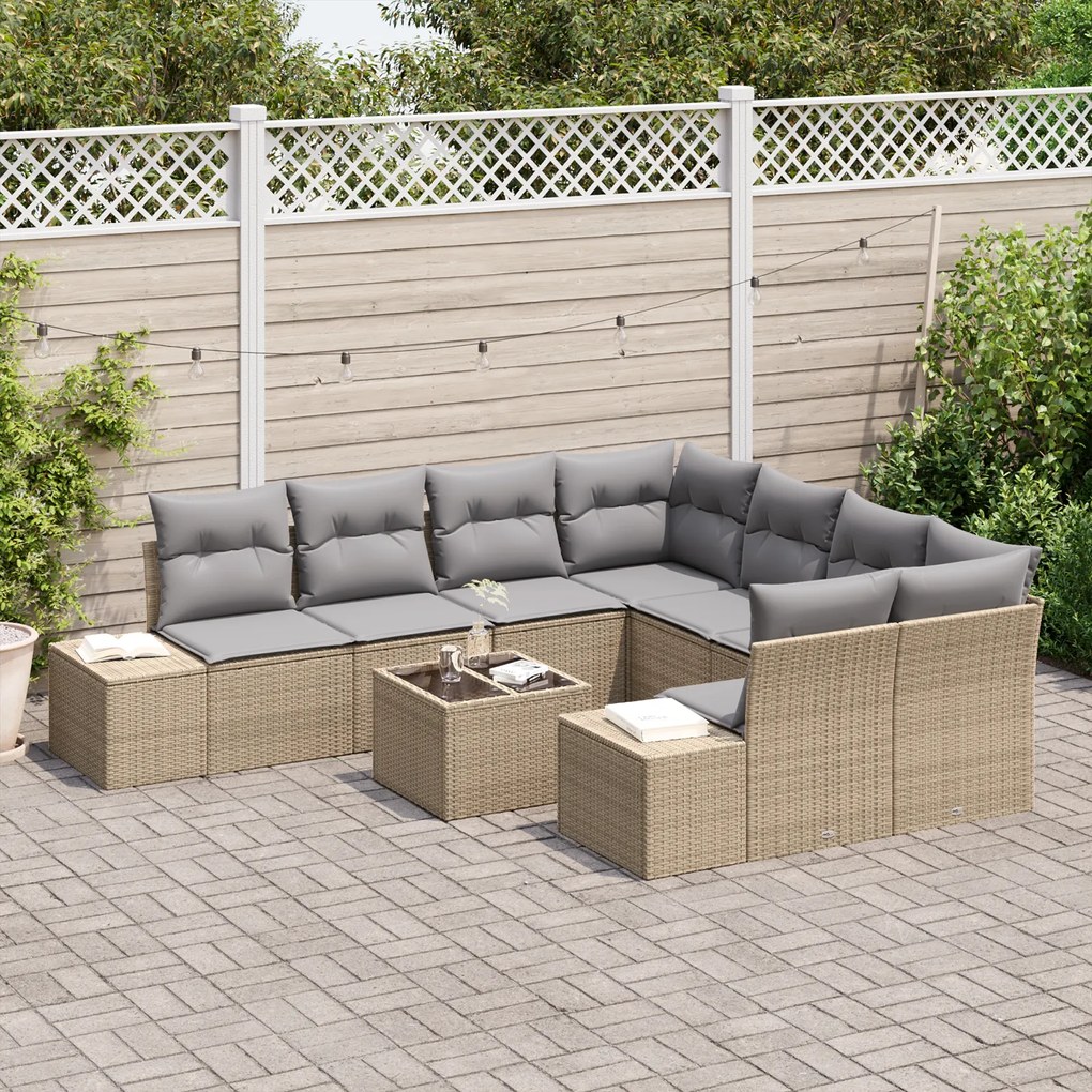 Conjunto de Sofás de Jardim de 9 peças com Almofadas Bege em Poliéster