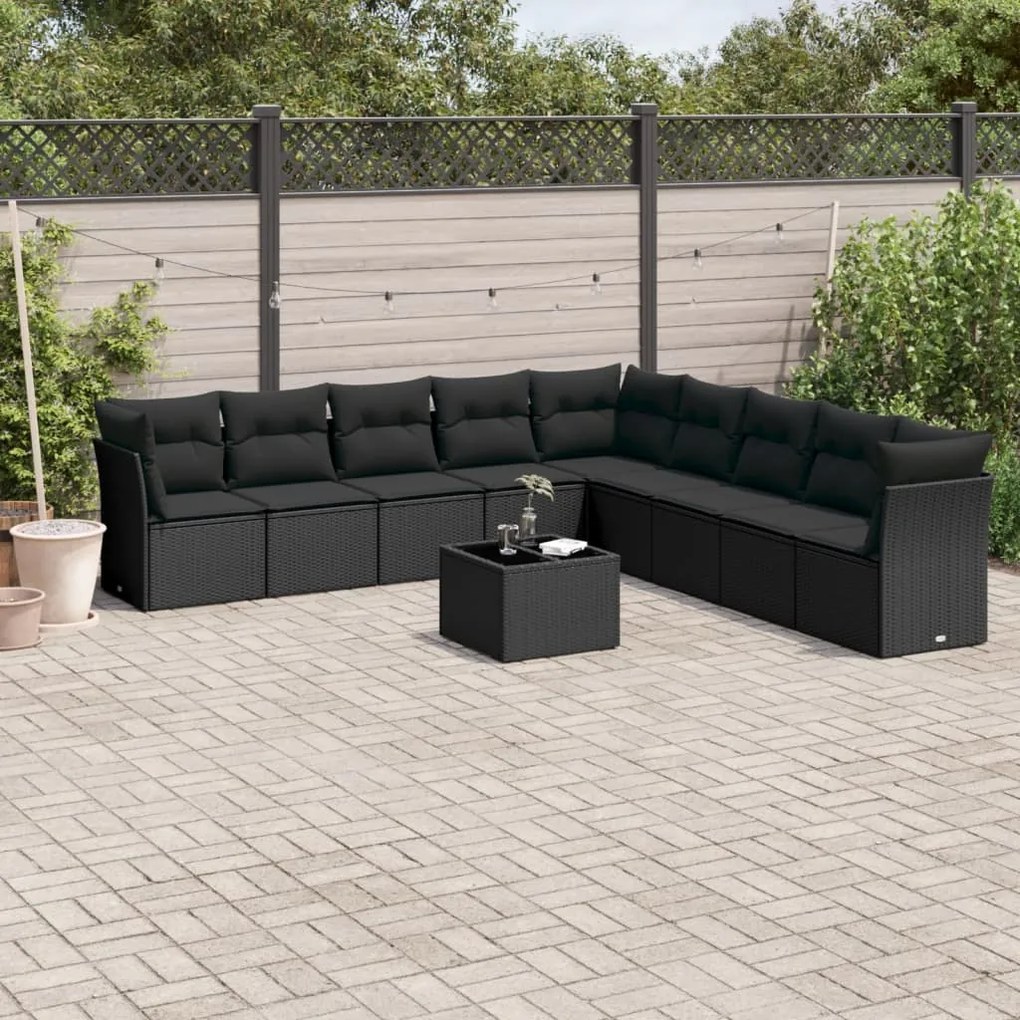 vidaXL 10 pcs conjunto sofás de jardim c/ almofadões vime PE preto