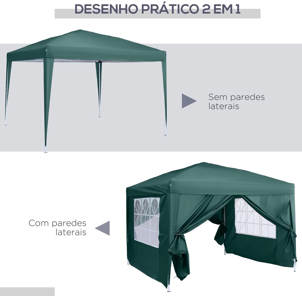 Outsunny Tenda de Jardim com Paredes Laterais Amovíveis Janelas Porta com Zíper e Bolsa de Transporte 295x295x195-258 cm Verde
