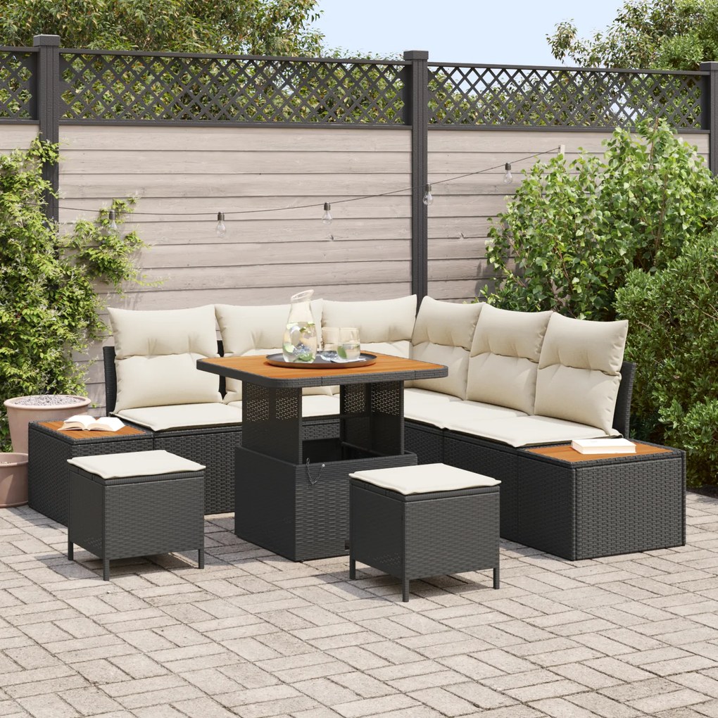 Conjunto de Sofá de Jardim Com 8 Peças e Almofadas Rattan Preto Acácia