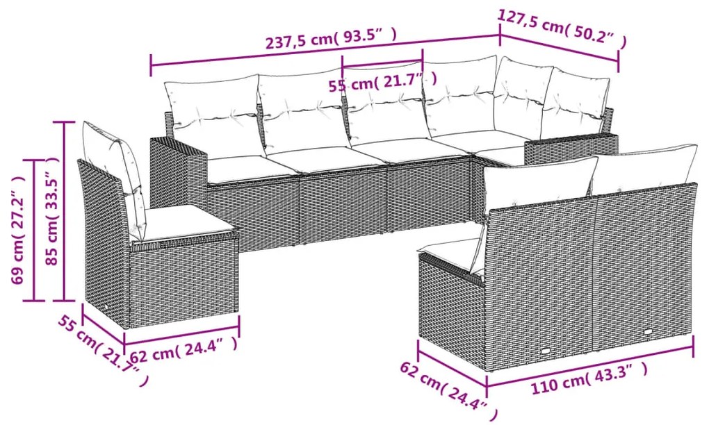 8 pcs conjunto de sofás p/ jardim com almofadões vime PE bege