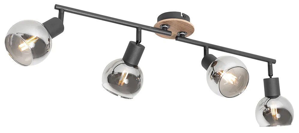 Candeeiro de teto preto com vidro fumê e madeira 4 luzes - Vidro Moderno