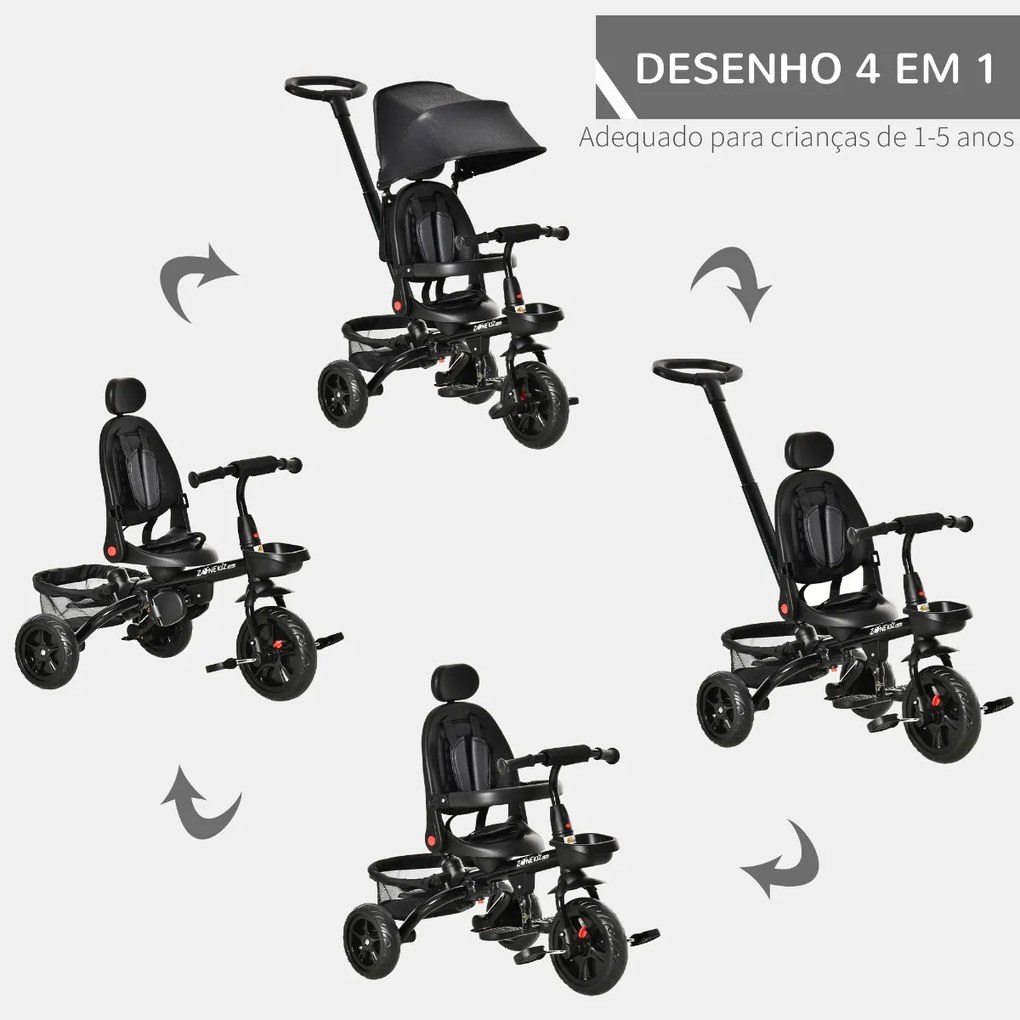 Triciclo Infantil 4 em 1 Bicicleta para Crianças 1-5 Anos com Assento Giratório Capô Ajustável Guidão de Empurre e Apoio para os Pés Dobrável 111,5x52