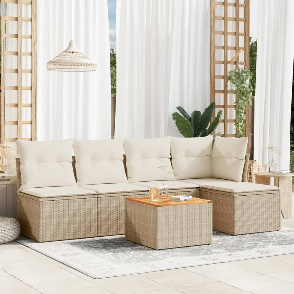 6 pcs conjunto de sofás p/ jardim com almofadões vime PE bege