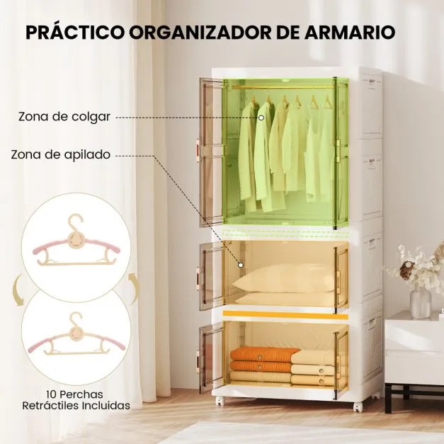 Caixas de arrumação dobráveis 421 L  71 x 46 x 156 cm com tampa de plástico portátil com 10 ganchos 2 Rodas Branco + Castanho