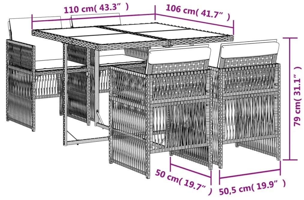 5 pcs conjunto de jantar p/ jardim com almofadões vime PE bege