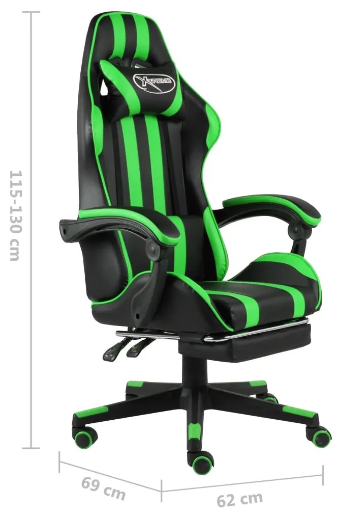 Cadeira estilo corrida c/ apoio pés couro artificial preto/verde