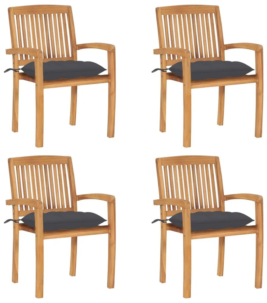 vidaXL Cadeiras de jardim empiháveis c/ almofadões 4 pcs teca maciça