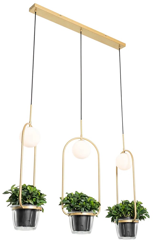 Candeeiro de suspensão Art Deco dourado com vidro branco 3-luzes - Isabella