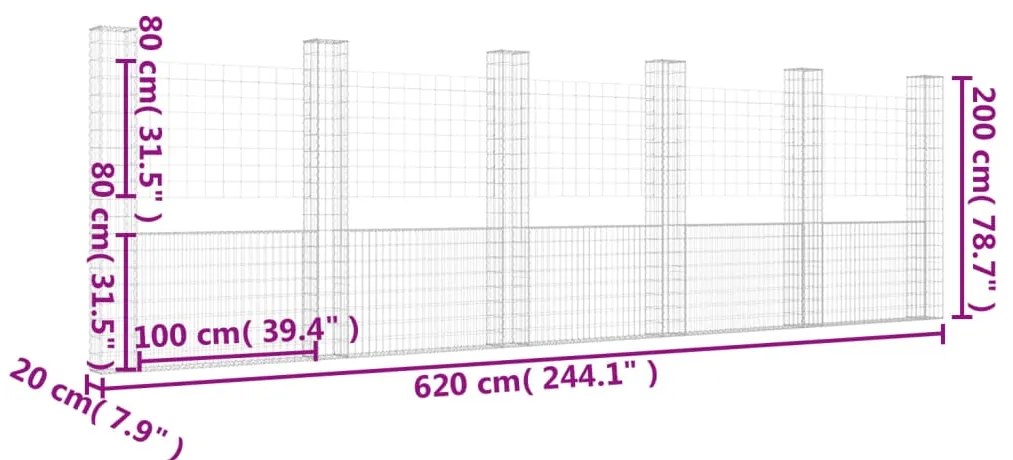 Cesto gabião em forma de U c/ 6 postes 620x20x200 cm ferro