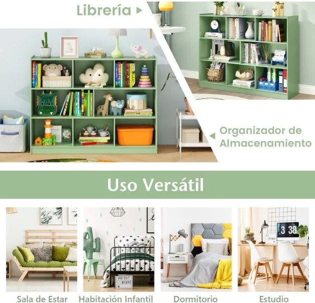 Estante de 3 níveis 122 x 32 x 93 cm com prateleiras de arrumação e 8 cubos, cor verde-oliva