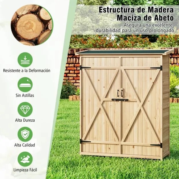 Abrigo de jardim com telhado inclinado Asfalto 140x51x163cm Madeira maciça Estantes removíveis Portas Fechadura Abrigo exterior Natural