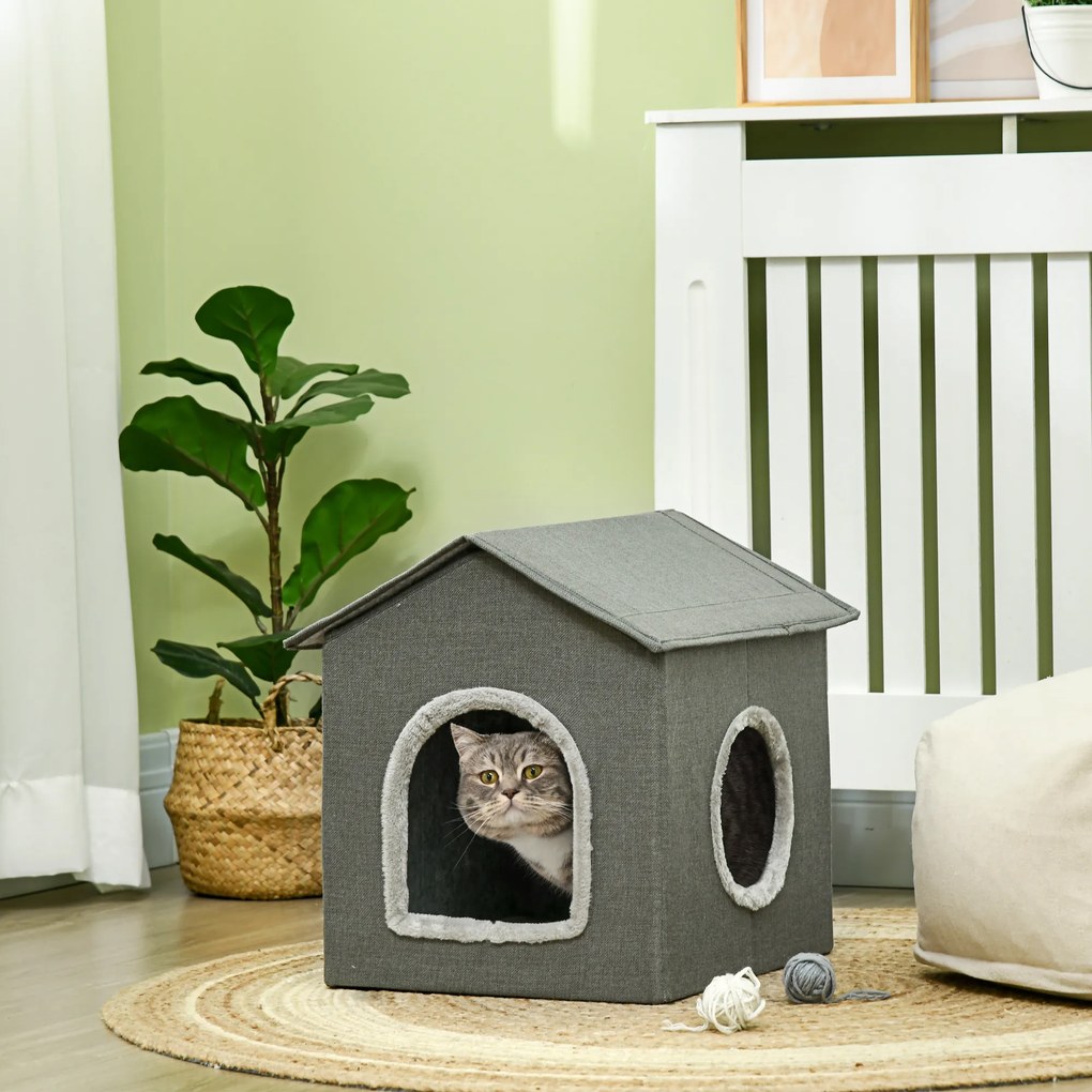 Casa para Gatos Caverna para Gatos com 2 Portas e Almofada Lavável 39x43,5x40,5 cm Cinzento