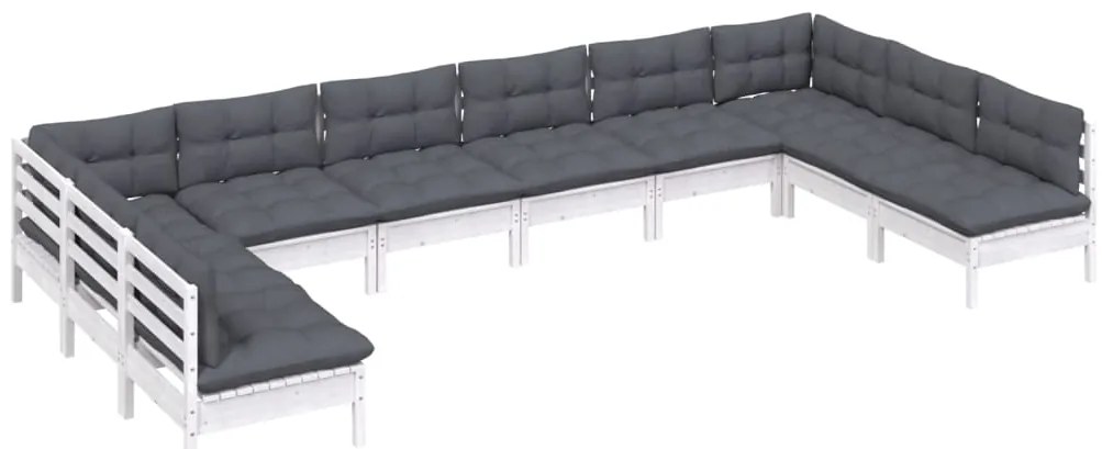 10 pcs conj. lounge de jardim c/ almofadões pinho maciço branco