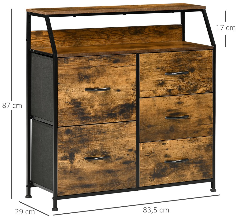 Cómoda com 5 Gavetas de Tecido Dobrável e Prateleira Aberta Armário de Armazenamento para Estudio Dormitório Estilo Industrial Anti-Tombo 83,5x29x87cm