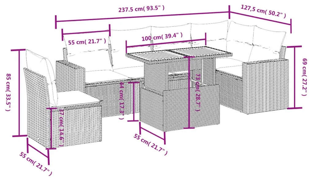 7 pcs conjunto de sofás p/ jardim c/ almofadões vime PE preto