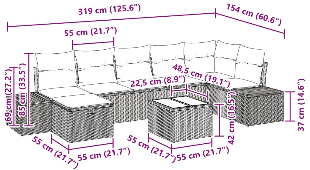 Conjunto de Sofá para Jardim com Almofadas Castanho Rattan Poliéster
