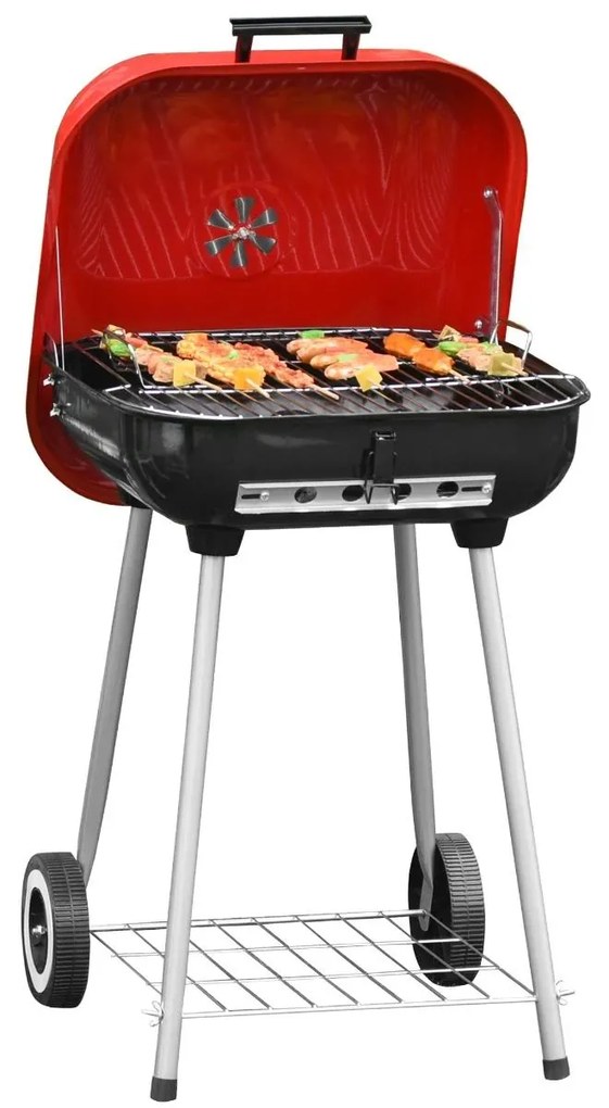 Outsunny Barbecue a Carvão com Rodas e Prateleira e Tampa para Jardim Exterior Campismo 46x52,5x76cm Vermelho e Preto | Aosom Portugal