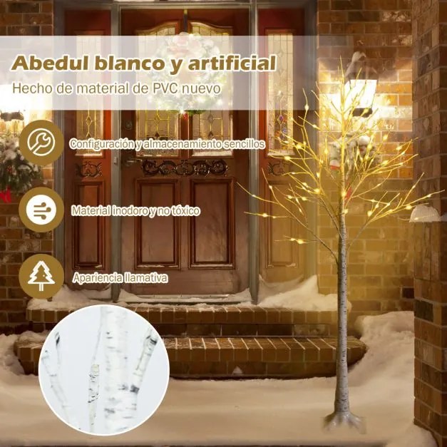 Árvore de Natal artificial de 150 cm com ramos de bétula e 72 luzes LED brancas Mini árvore decorativa Branca