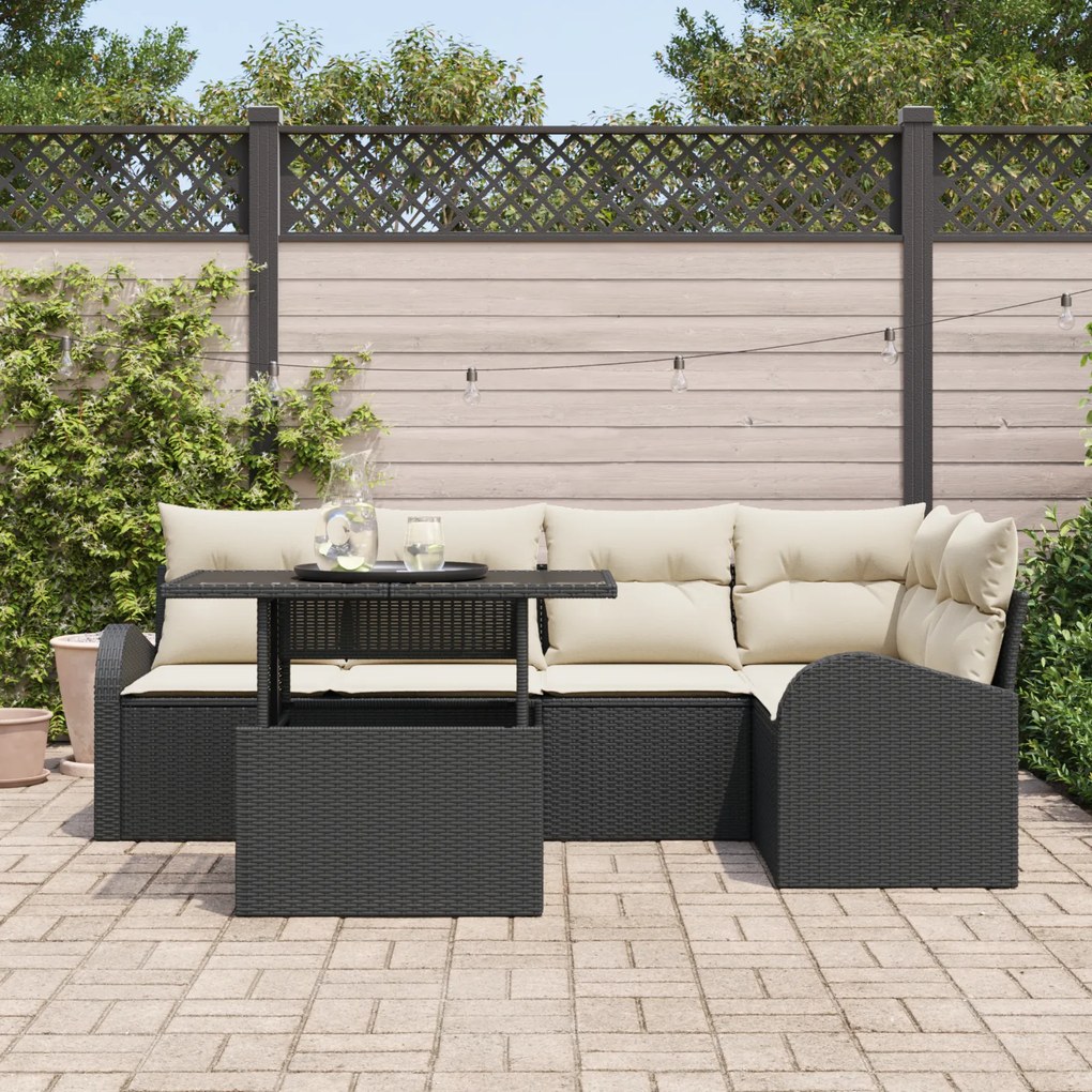 Conjunto de Sofá de Jardim vidaXL 6 Peças com Almofadas Preto Rattan P