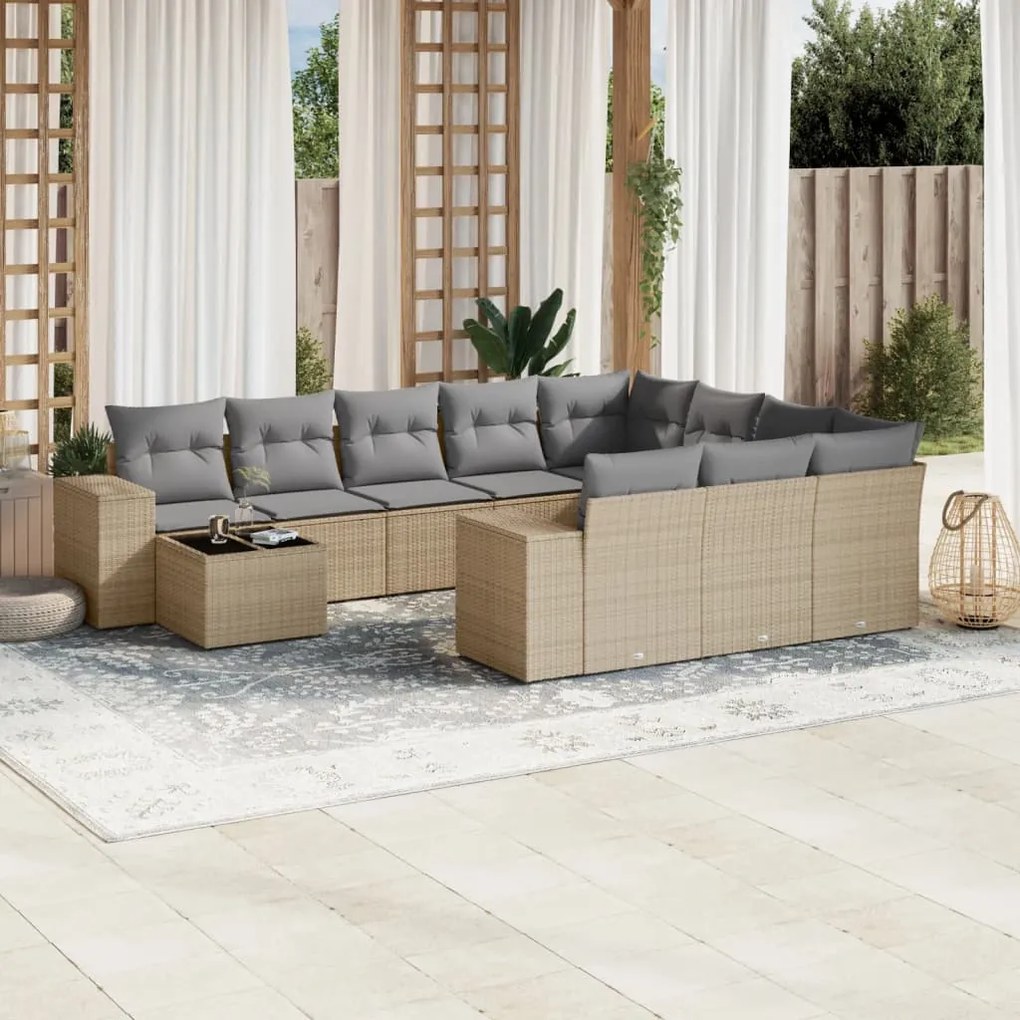 11 pcs conjunto sofás de jardim c/ almofadões vime PE bege