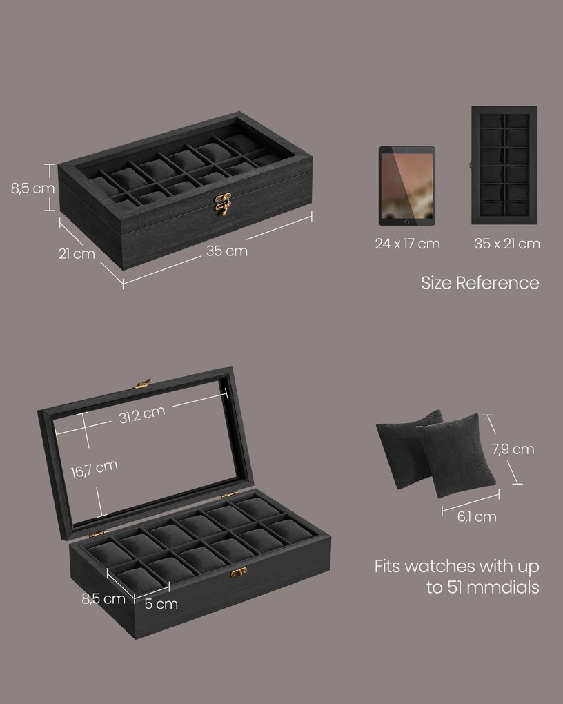 Caixa para relógios com 12 compartimentos 21 x 35 x 8,5 cm preto