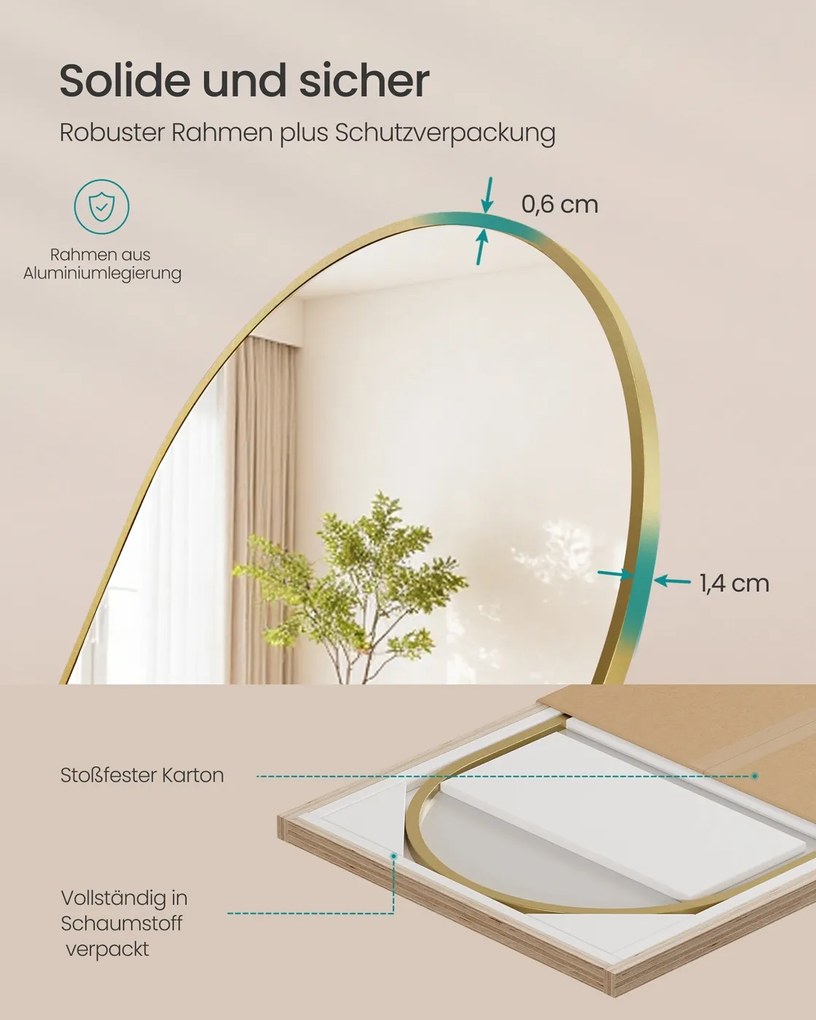 Espelho Pé de corpo inteiro de 160 x 50 cm com moldura arqueada em vidro temperado dourado